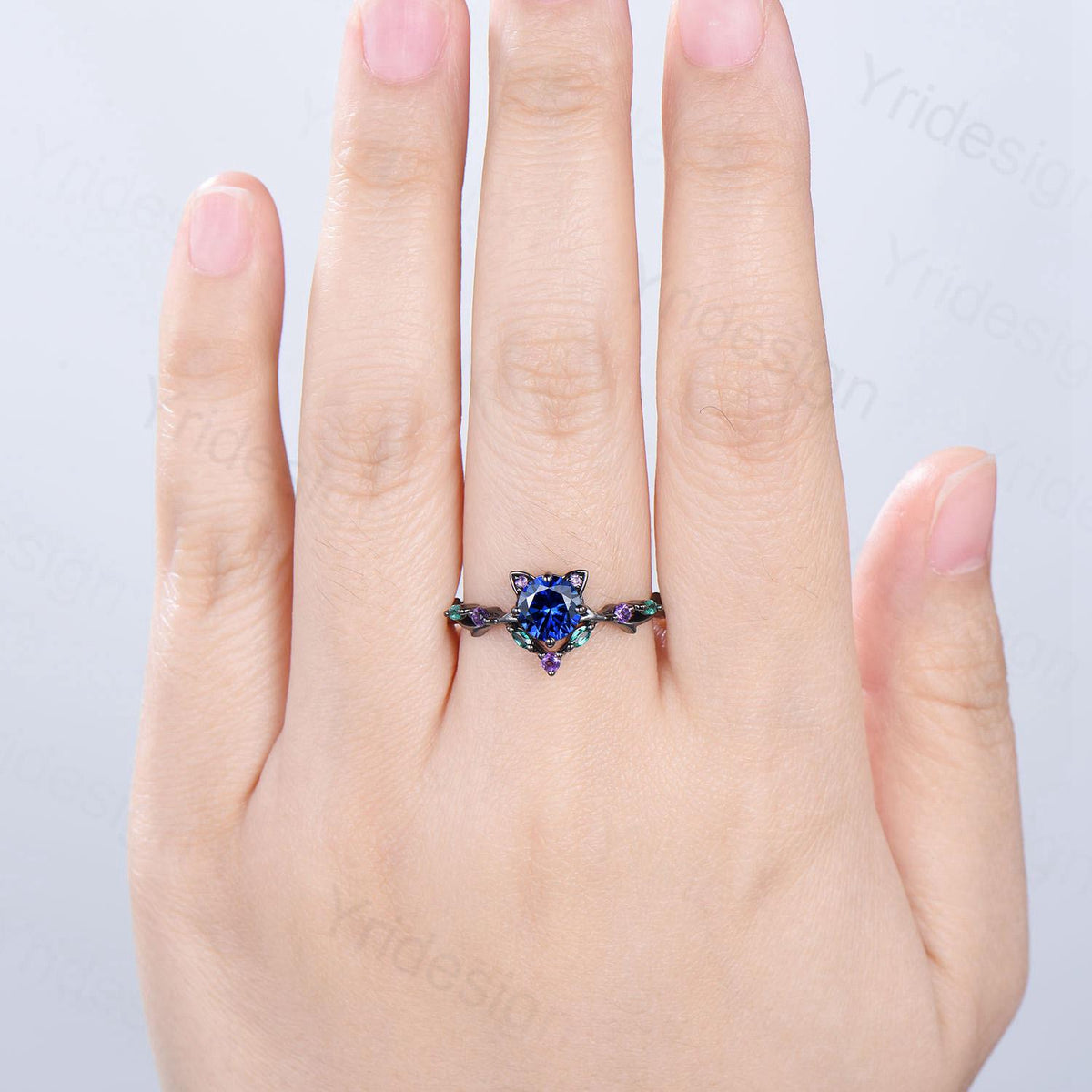 Unique Blue Sapphire Ring Black Gold Cat Engagement Ring Black Gold Animal Inspired Amethyst Emerald Band September Birthstone Promise Gift - PENFINE
