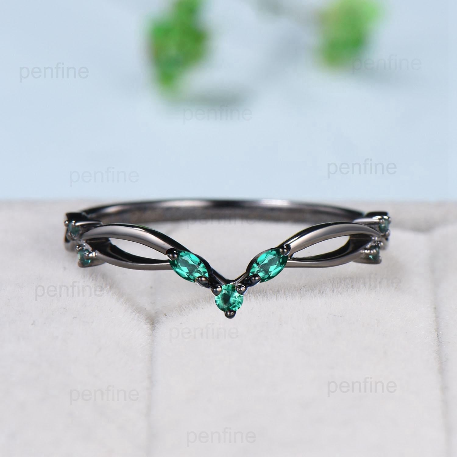 Gothic Black Gold Emerald Wedding Band Curved Marquise Wedding Ring Anniversary Stackable Band Evil Eye Emerald Promise Ring For Daughter - PENFINE