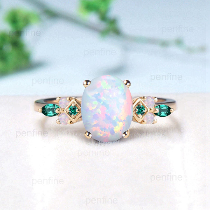 Vintage White Opal Engagement Ring Cluster Emerald Fire Opal Wedding Ring October Birthstone Bridal Ring Rose Gold Anniversary Ring Women - PENFINE