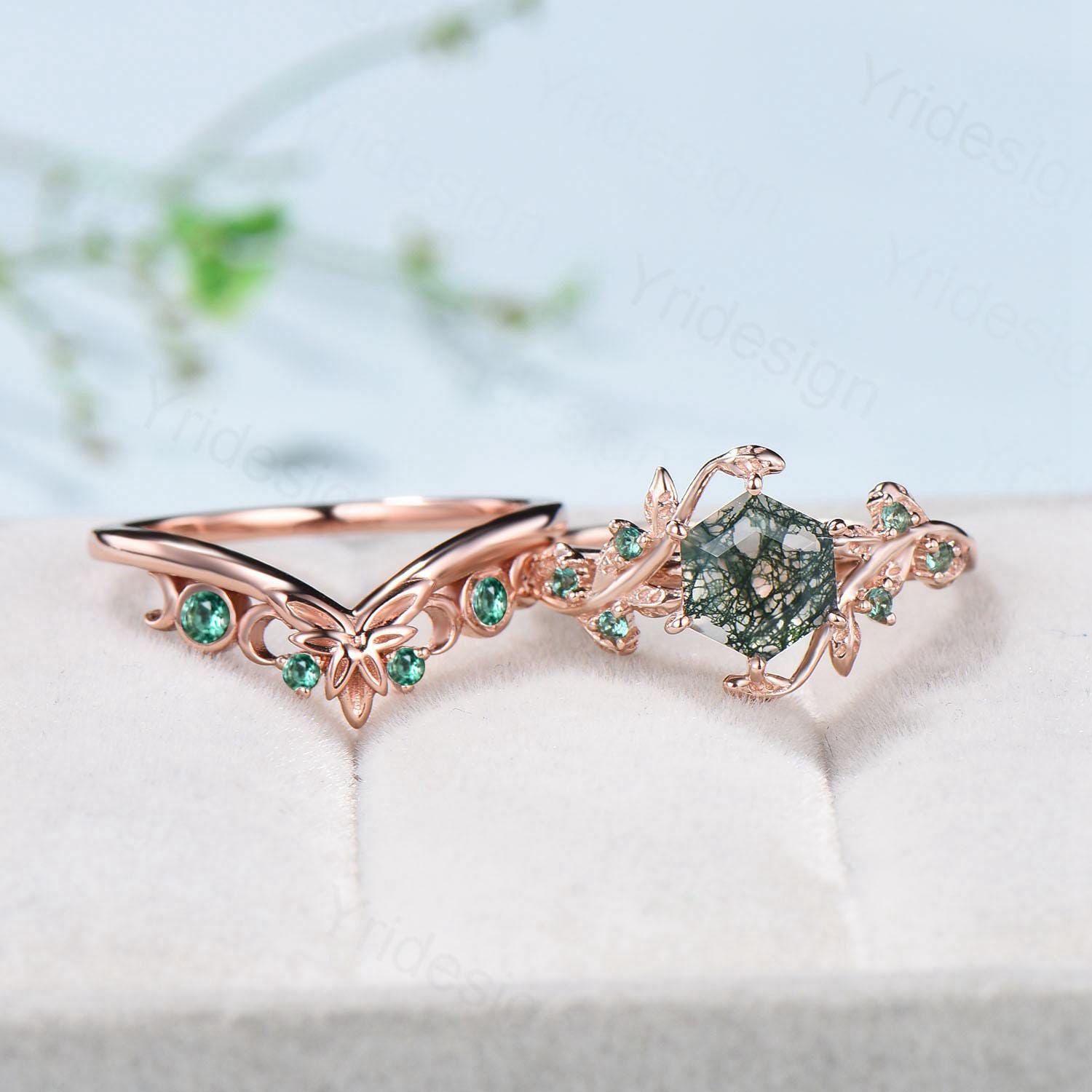 2pcs Hexagon Cut Moss Agate Ring Set Elegant Green Agate Nature Inspired Engagement Ring Emerald Stacking Band Bridal Set Anniversary Gift - PENFINE