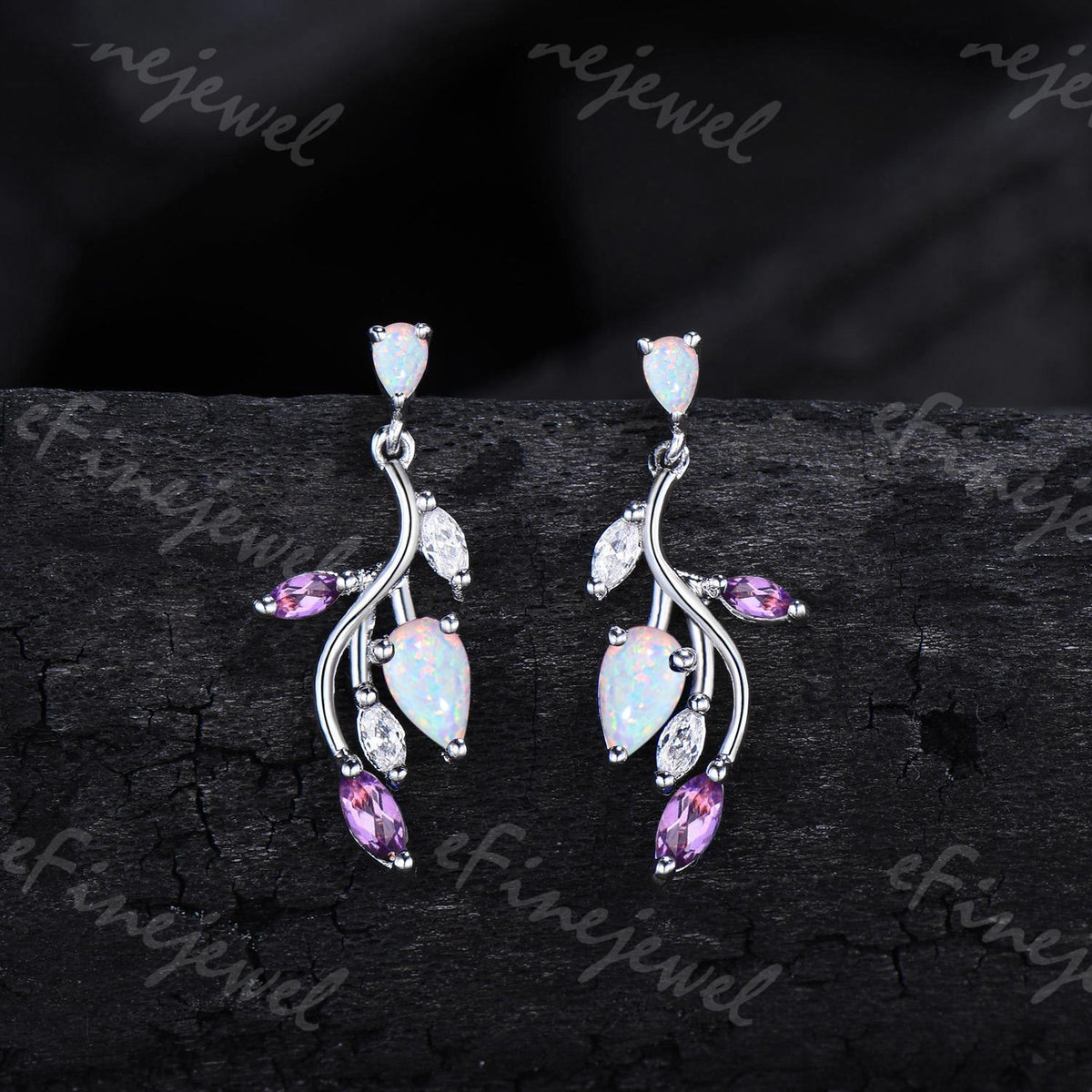 Handmade White Opal Leaf Earrings, Amethyst Moissanite, 14K Gold
