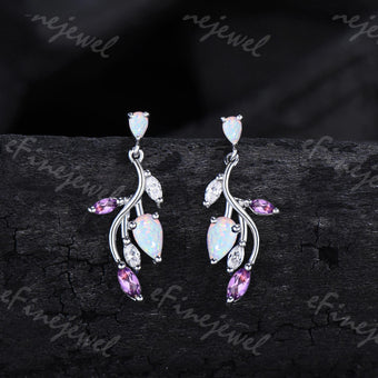 Handmade White Opal Leaf Earrings, Amethyst Moissanite, 14K Gold