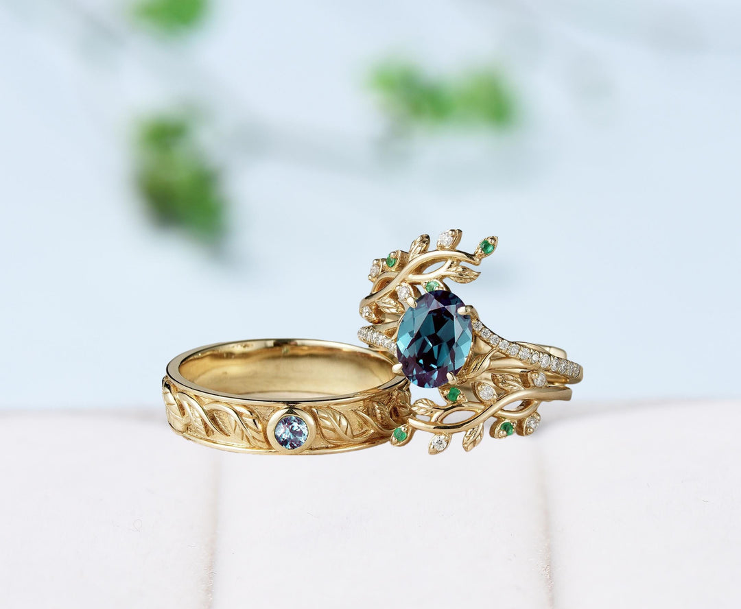 Nature inspired Couples ring set Unique alexandrite leaf vine wedding set twig cross ring men and women His Hers engagement Promise gift - PENFINE