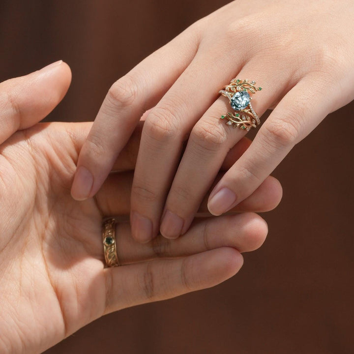 Nature inspired Moss Agate Couples ring set Unique leaf vine green agate wedding set twig cross men and women His Hers engagement ring gift - PENFINE