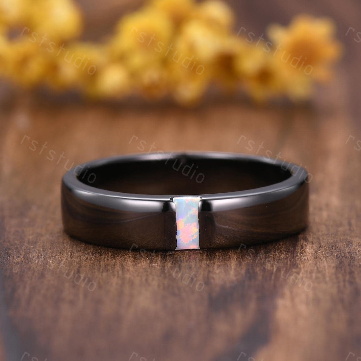 5mm Mens White Opal Wedding Band: Black Gold Retro Ring