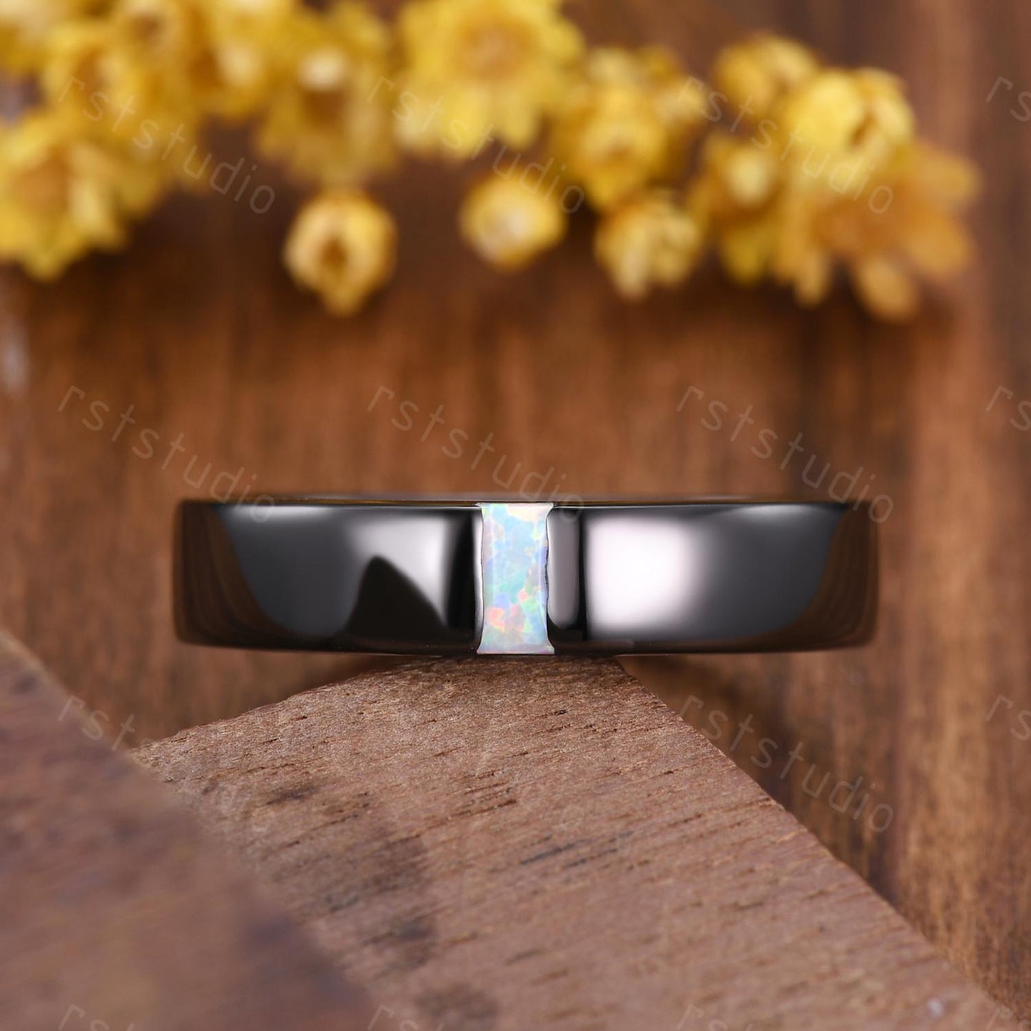 5mm Mens White Opal Wedding Band: Black Gold Retro Ring
