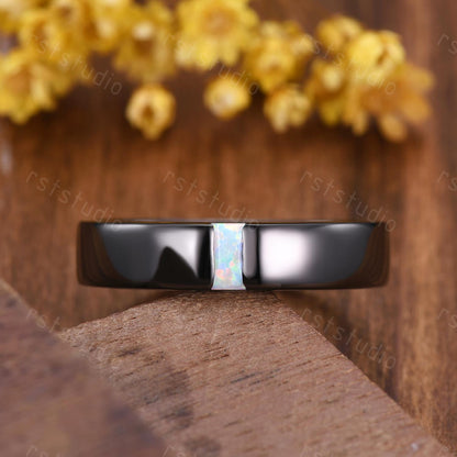 5mm Mens White Opal Wedding Band: Black Gold Retro Ring