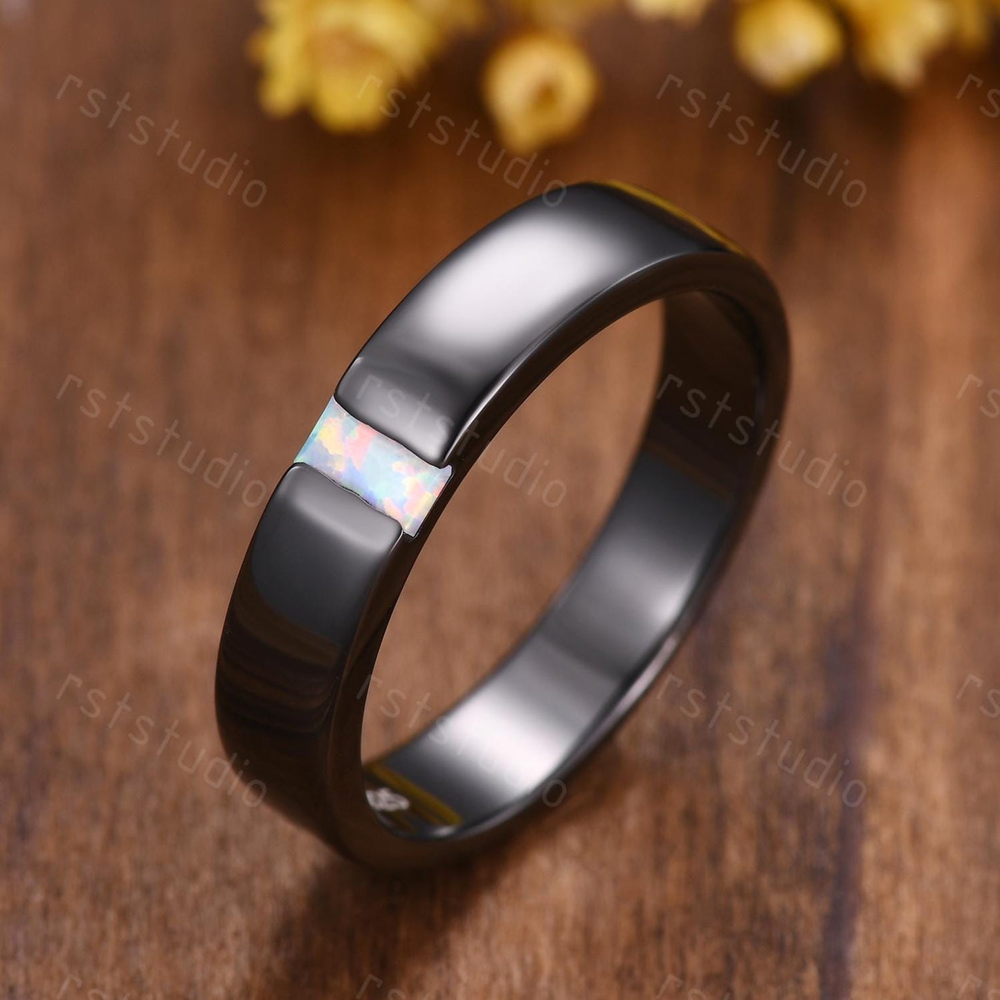 5mm Mens White Opal Wedding Band: Black Gold Retro Ring
