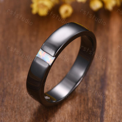 5mm Mens White Opal Wedding Band: Black Gold Retro Ring