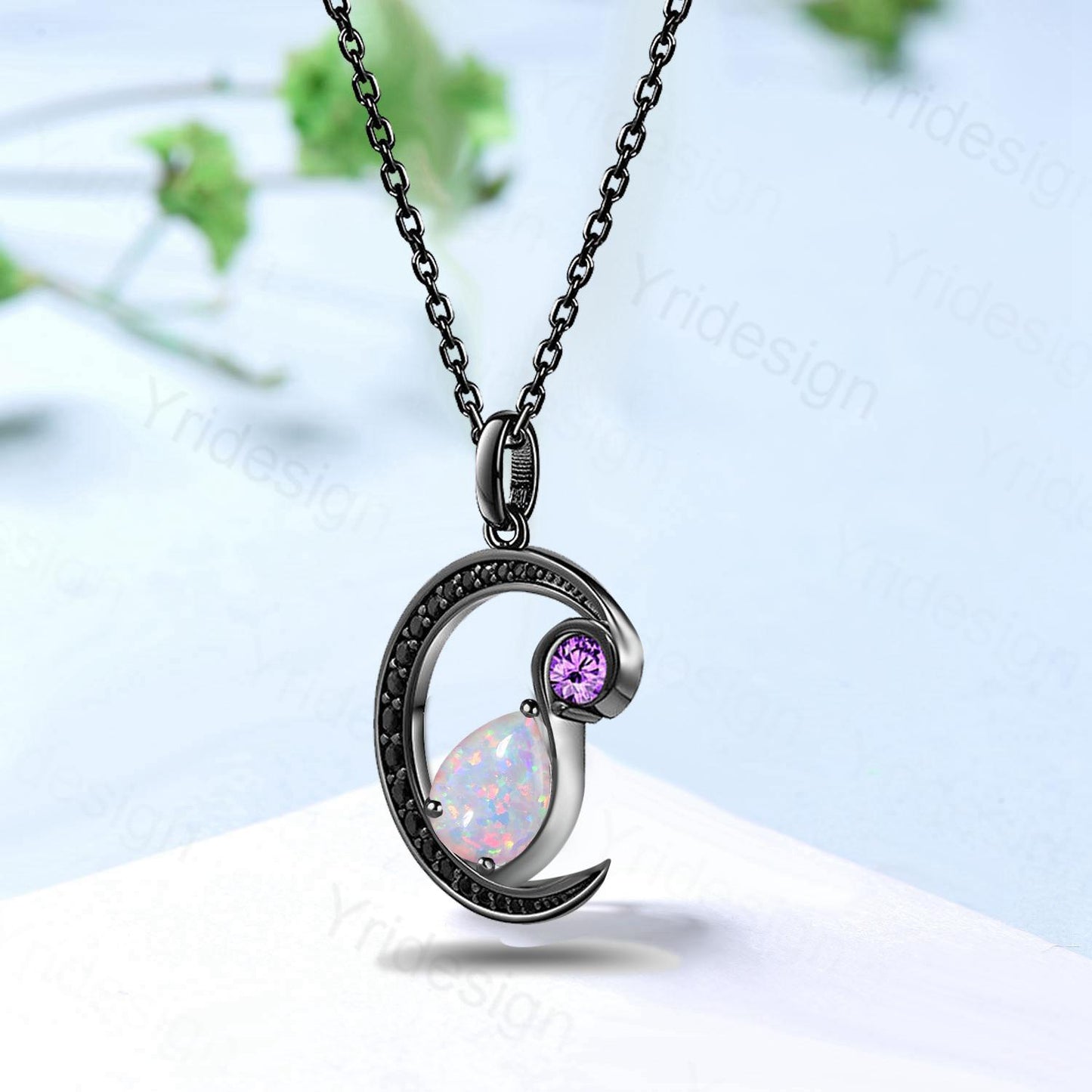 Magic Crescent Moon Black Gold Opal Amethyst Gothic Pendant Necklace Unique Pear Shaped Fire White Opal Black Spinel Necklace Halloween Girl - PENFINE