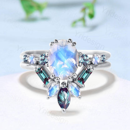 1.5CT Natural Oval Moonstone Engagement Ring Set Unique Seven Stone Alexandrite June Birthstone Bridal Set Unique Anniversary Ring For Women - PENFINE