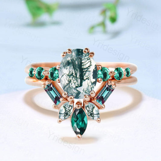 1.5CT Natural Oval Green Moss Agate Engagement Ring Set Unique Seven Stone Alexandrite Emerald Bridal Set Unique Anniversary Ring For Women - PENFINE