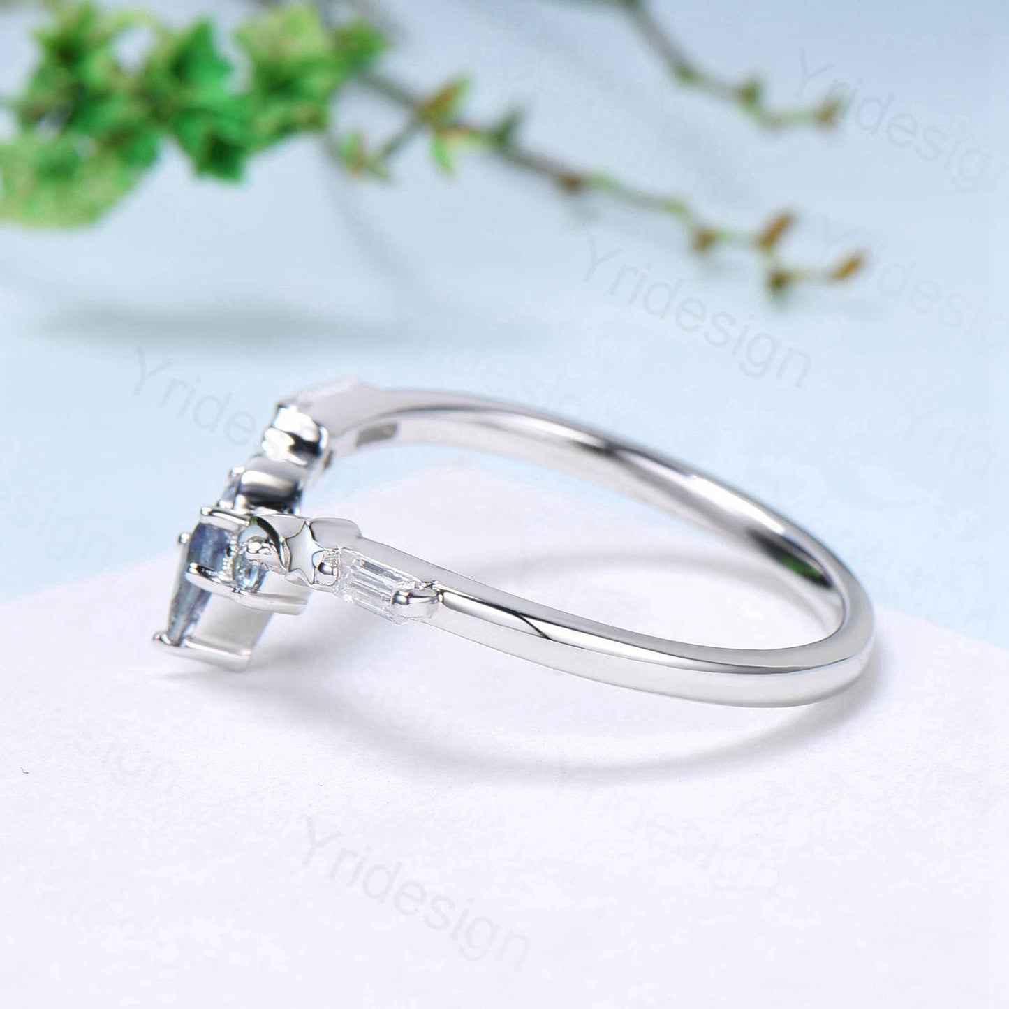 Unique Moon star alexandrite wedding band ring white gold elegant band for women art deco stacking ring baguette moissanite anniversary gift - PENFINE