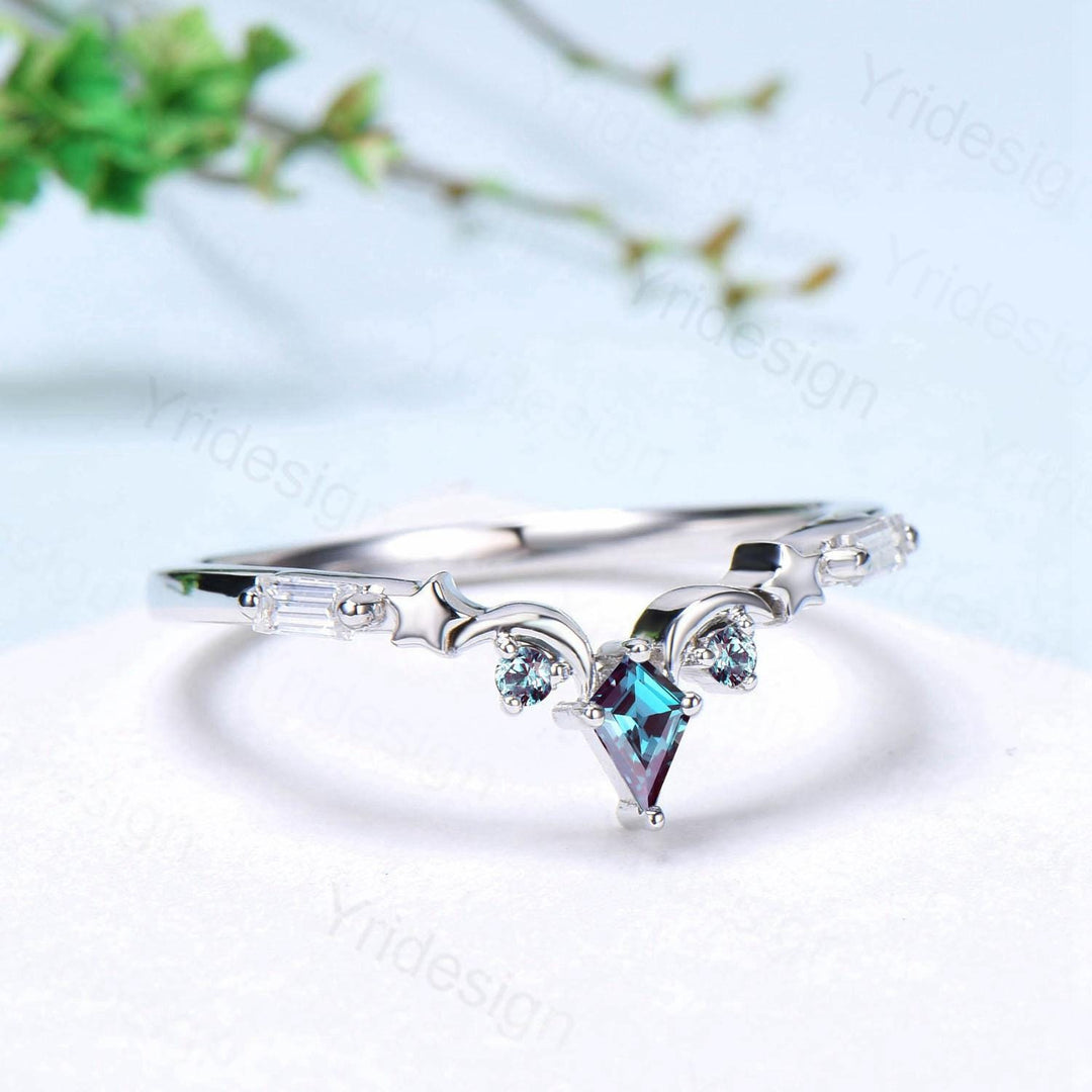 Unique Moon star alexandrite wedding band ring white gold elegant band for women art deco stacking ring baguette moissanite anniversary gift - PENFINE