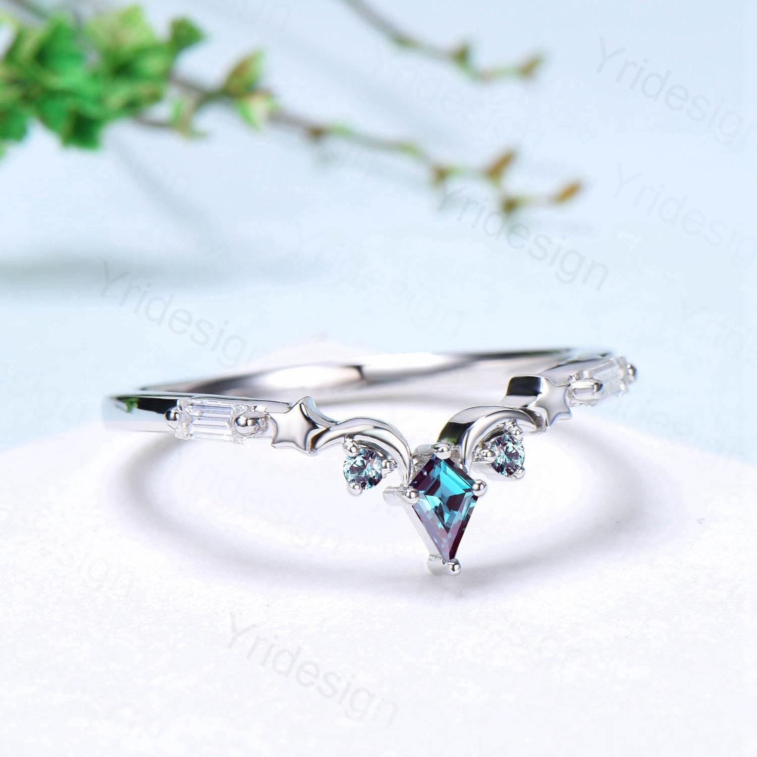 Unique Moon star alexandrite wedding band ring white gold elegant band for women art deco stacking ring baguette moissanite anniversary gift - PENFINE