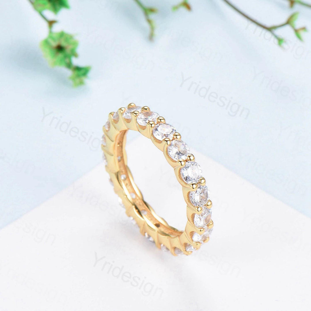 Round Moissanite Band Full Eternity Band Wedding Band 3mm Round Cut Moissanite Wedding Ring 14K Yellow Gold Anniversary Promise Women's Band - PENFINE