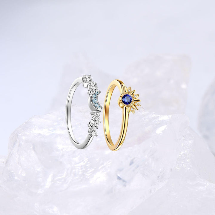 Crescent Moon Blue Sapphire Engagement Ring Set Unique Sun And Moon Wedding Ring Art Deco Star Bridal Ring Set for Women - PENFINE