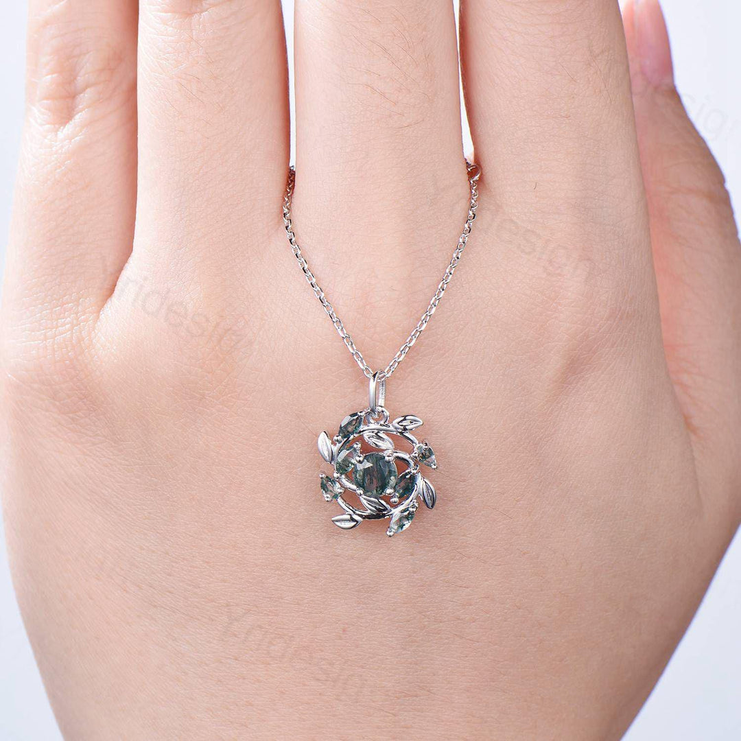 Handmade Blue Sandstone Necklace with Moss Agate, Nature Inspired Leaf Vine Pendant - PENFINE