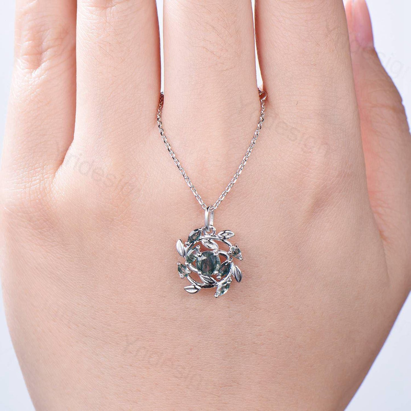 Handmade Blue Sandstone Necklace with Moss Agate, Nature Inspired Leaf Vine Pendant - PENFINE