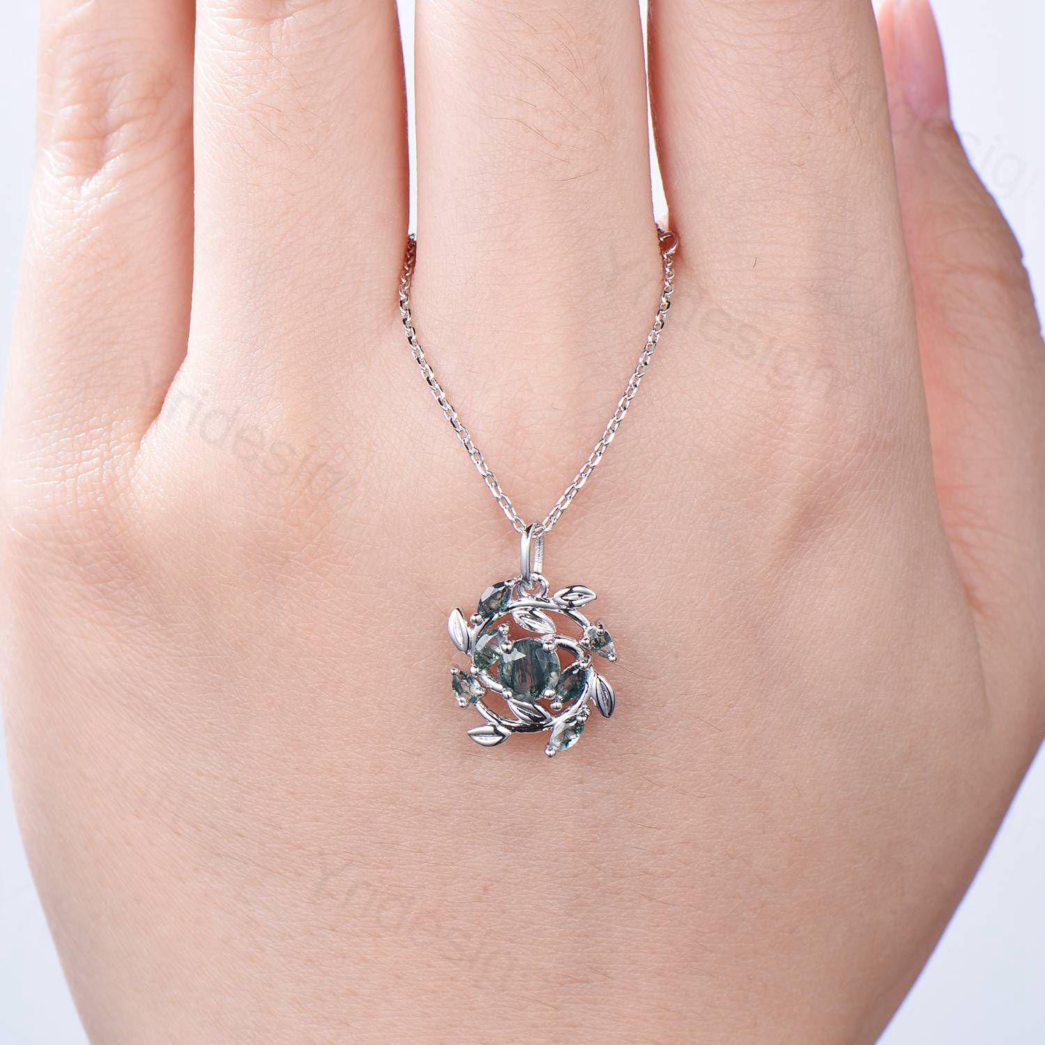 Handmade Blue Sandstone Necklace with Moss Agate, Nature Inspired Leaf Vine Pendant - PENFINE