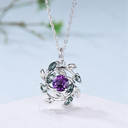 Handmade Blue Sandstone Necklace with Moss Agate, Nature Inspired Leaf Vine Pendant - PENFINE