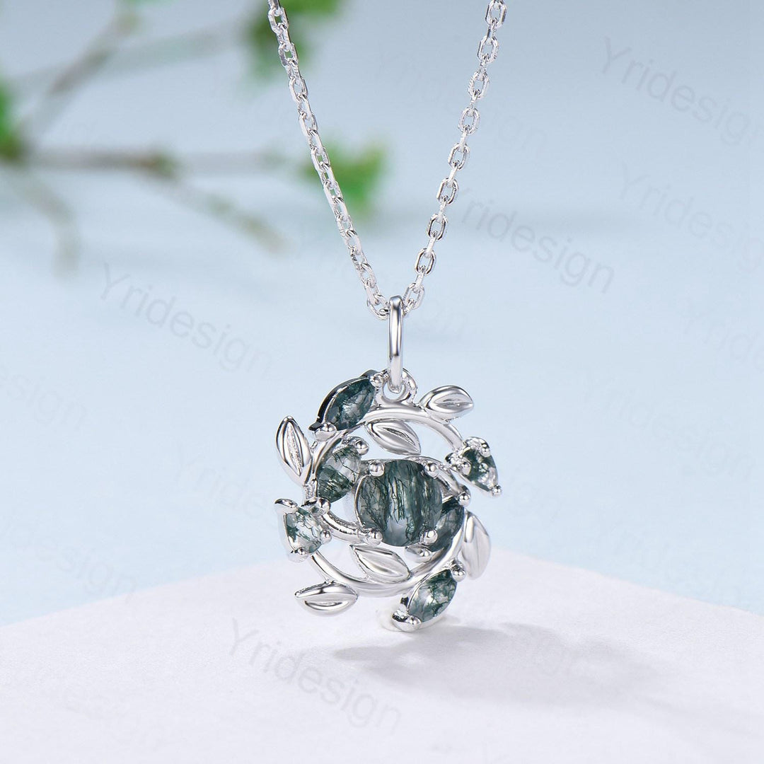 Handmade Blue Sandstone Necklace with Moss Agate, Nature Inspired Leaf Vine Pendant - PENFINE