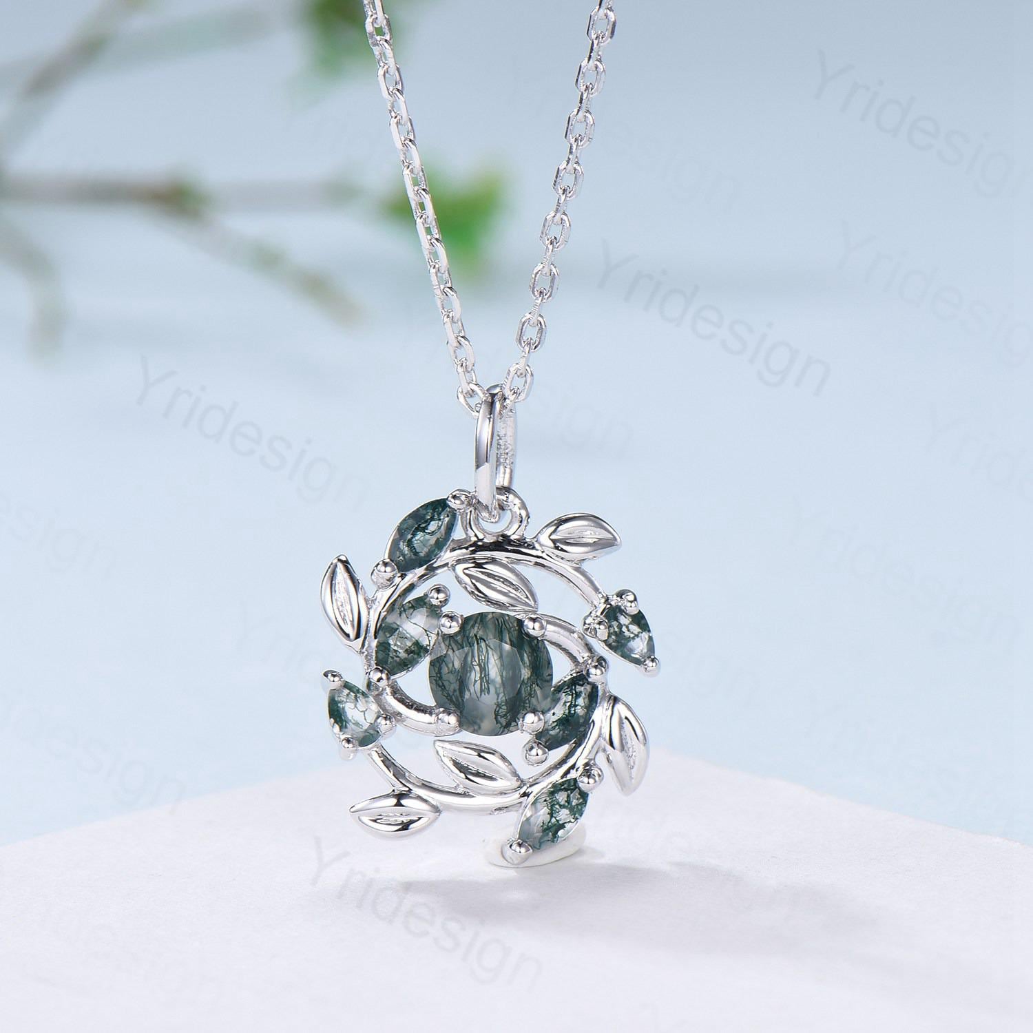 Handmade Blue Sandstone Necklace with Moss Agate, Nature Inspired Leaf Vine Pendant - PENFINE