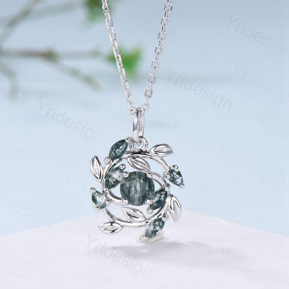 Handmade Blue Sandstone Necklace with Moss Agate, Nature Inspired Leaf Vine Pendant - PENFINE