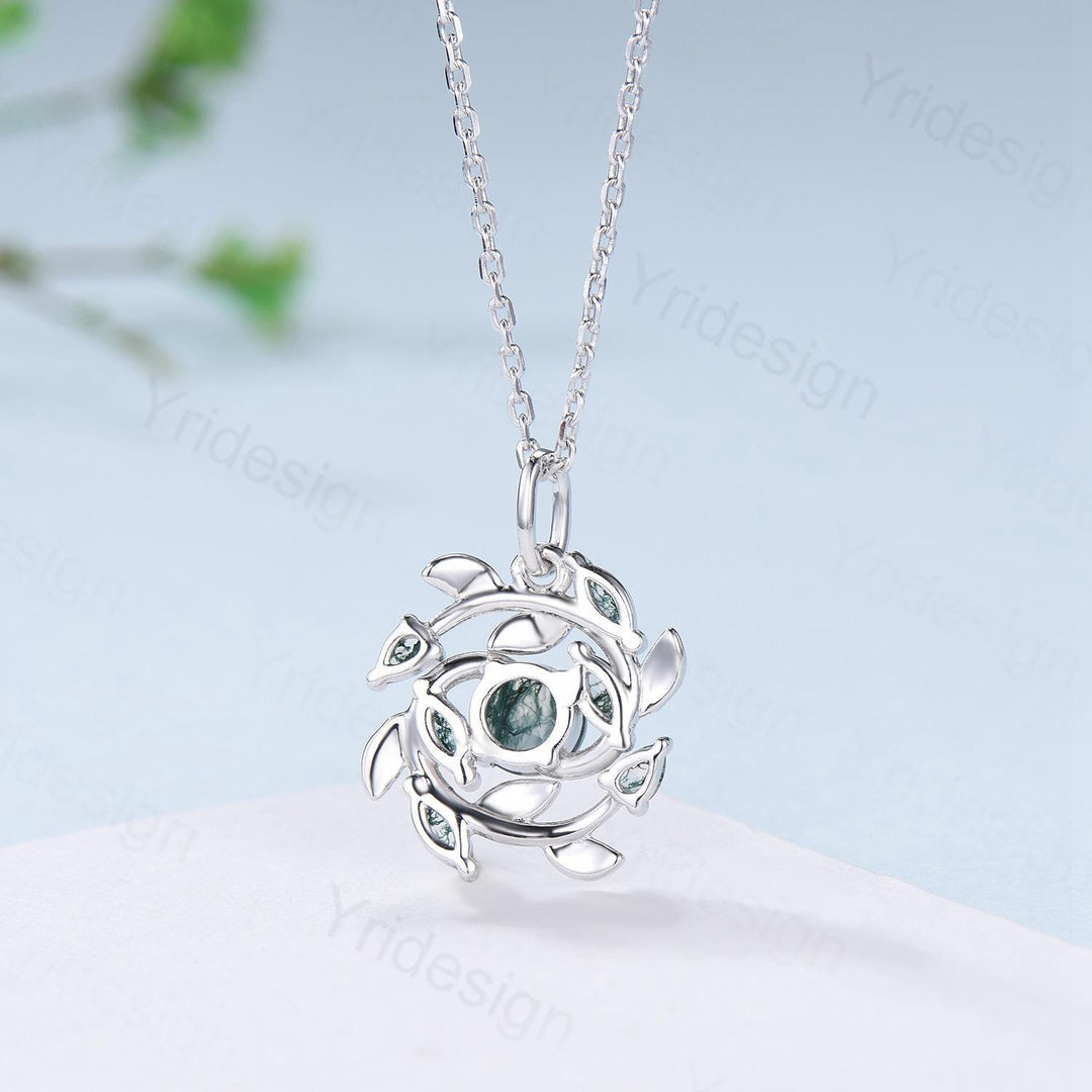 Handmade Blue Sandstone Necklace with Moss Agate, Nature Inspired Leaf Vine Pendant - PENFINE