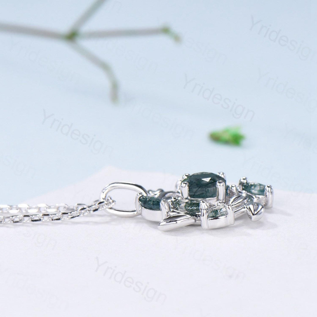 Handmade Blue Sandstone Necklace with Moss Agate, Nature Inspired Leaf Vine Pendant - PENFINE