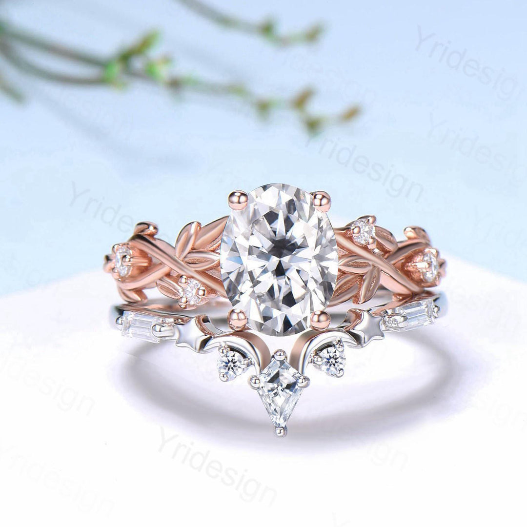 1.5CT Oval Moissanite Engagement Ring Set Nature Inspired Moissanite Wedding Set Unique Moon Star Stacking Matching Band Anniversary Gift - PENFINE