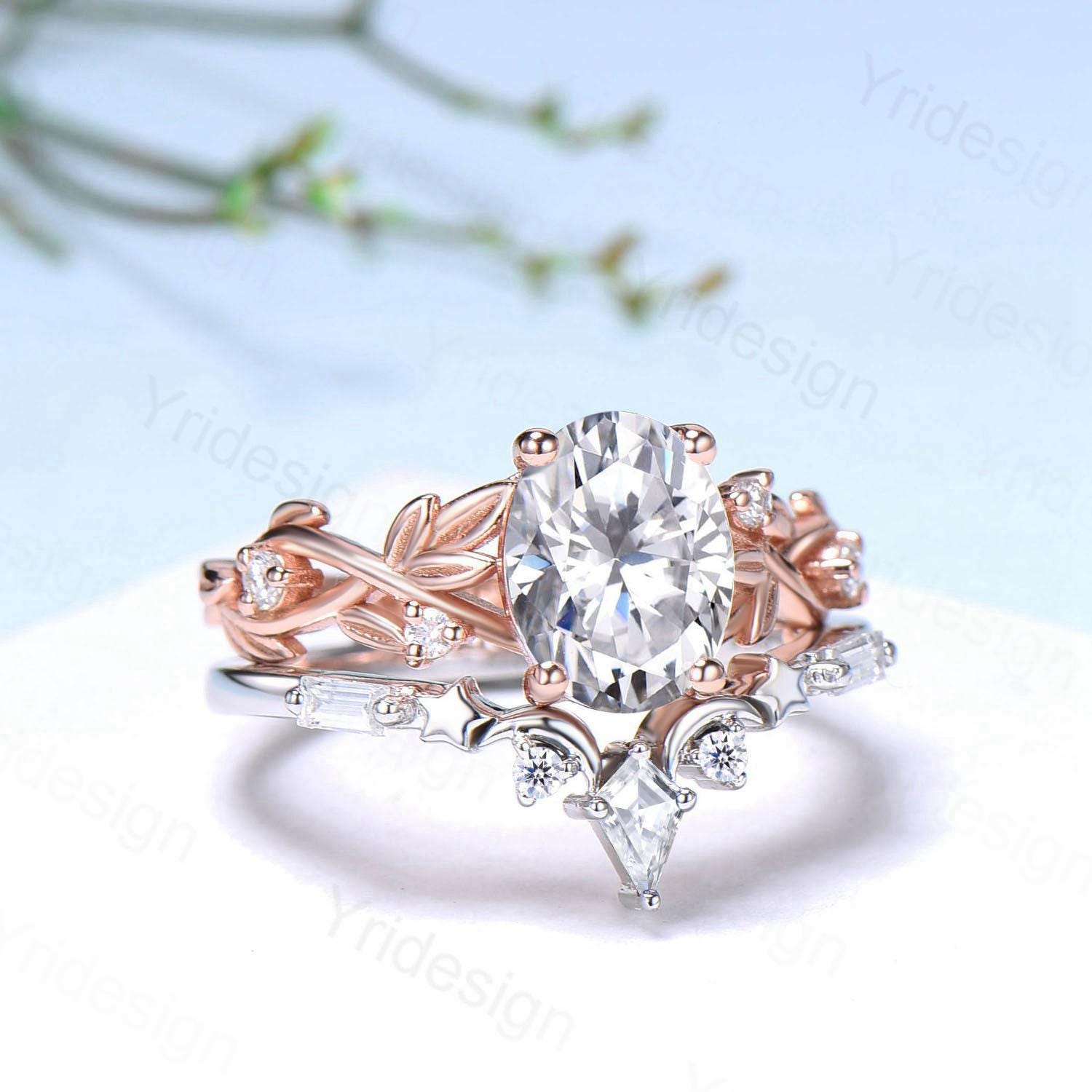 1.5CT Oval Moissanite Engagement Ring Set Nature Inspired Moissanite Wedding Set Unique Moon Star Stacking Matching Band Anniversary Gift - PENFINE