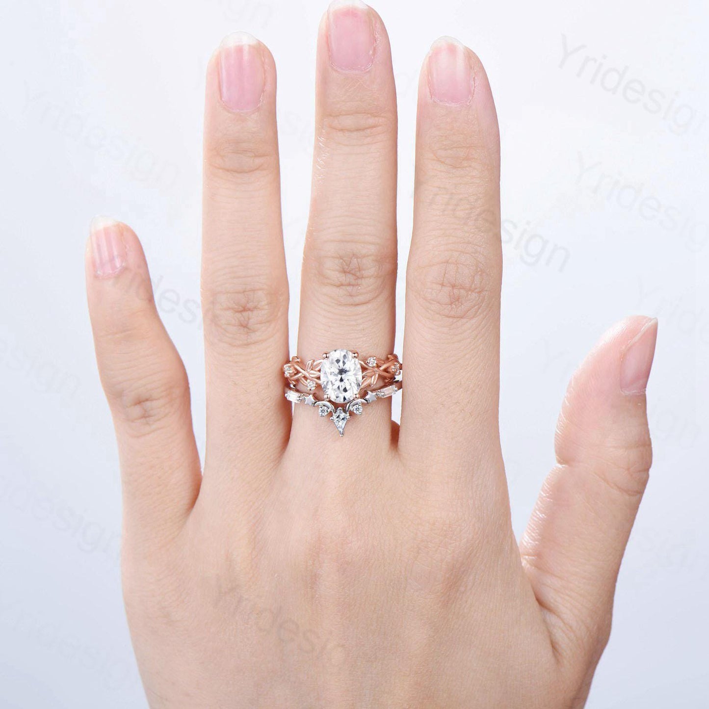 1.5CT Oval Moissanite Engagement Ring Set Nature Inspired Moissanite Wedding Set Unique Moon Star Stacking Matching Band Anniversary Gift - PENFINE