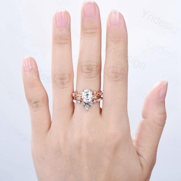 1.5CT Oval Moissanite Engagement Ring Set Nature Inspired Moissanite Wedding Set Unique Moon Star Stacking Matching Band Anniversary Gift - PENFINE