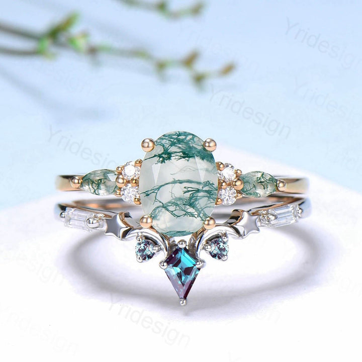 Unique Oval Cut Green Moss Agate Engagement Ring Set Vintage Sterling Silver Star Moon Alexandrite Ring Art Deco 2pcs Bridal Ring Set Women - PENFINE