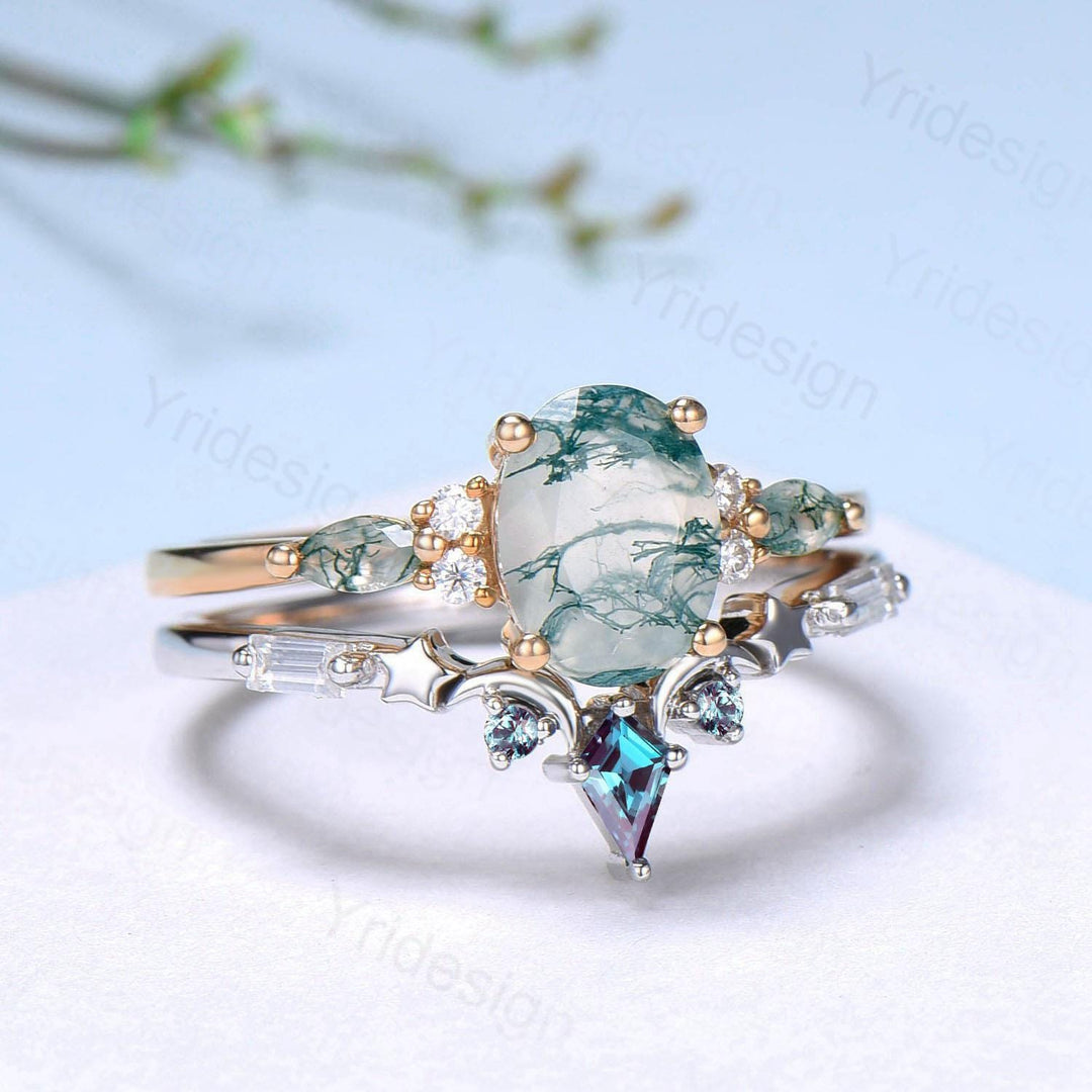 Unique Oval Cut Green Moss Agate Engagement Ring Set Vintage Sterling Silver Star Moon Alexandrite Ring Art Deco 2pcs Bridal Ring Set Women - PENFINE