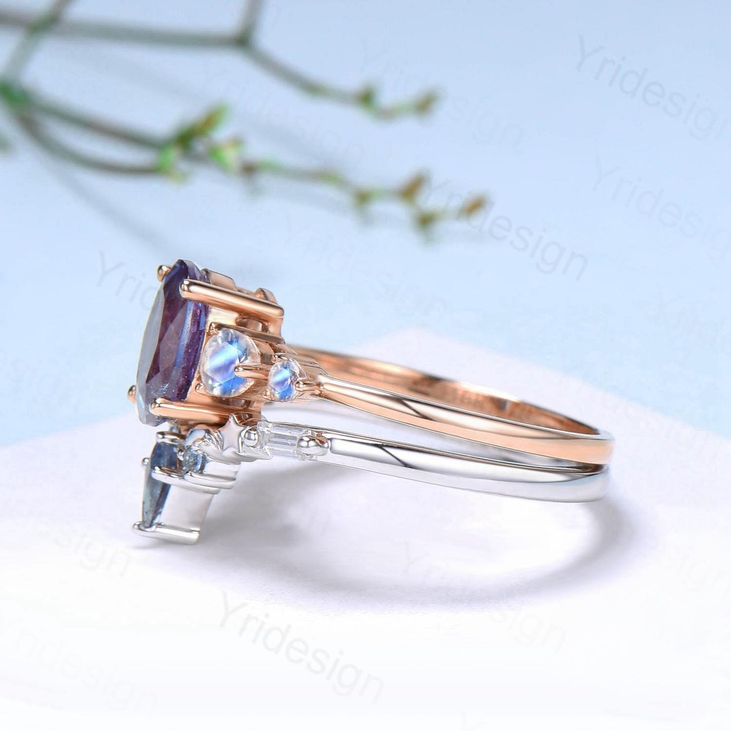 Unique Oval Alexandrite Engagement Ring Set Five Stone Moonstone Wedding Ring Set Moon Star Promise Stacking Band Bridal Set June Birthstone - PENFINE