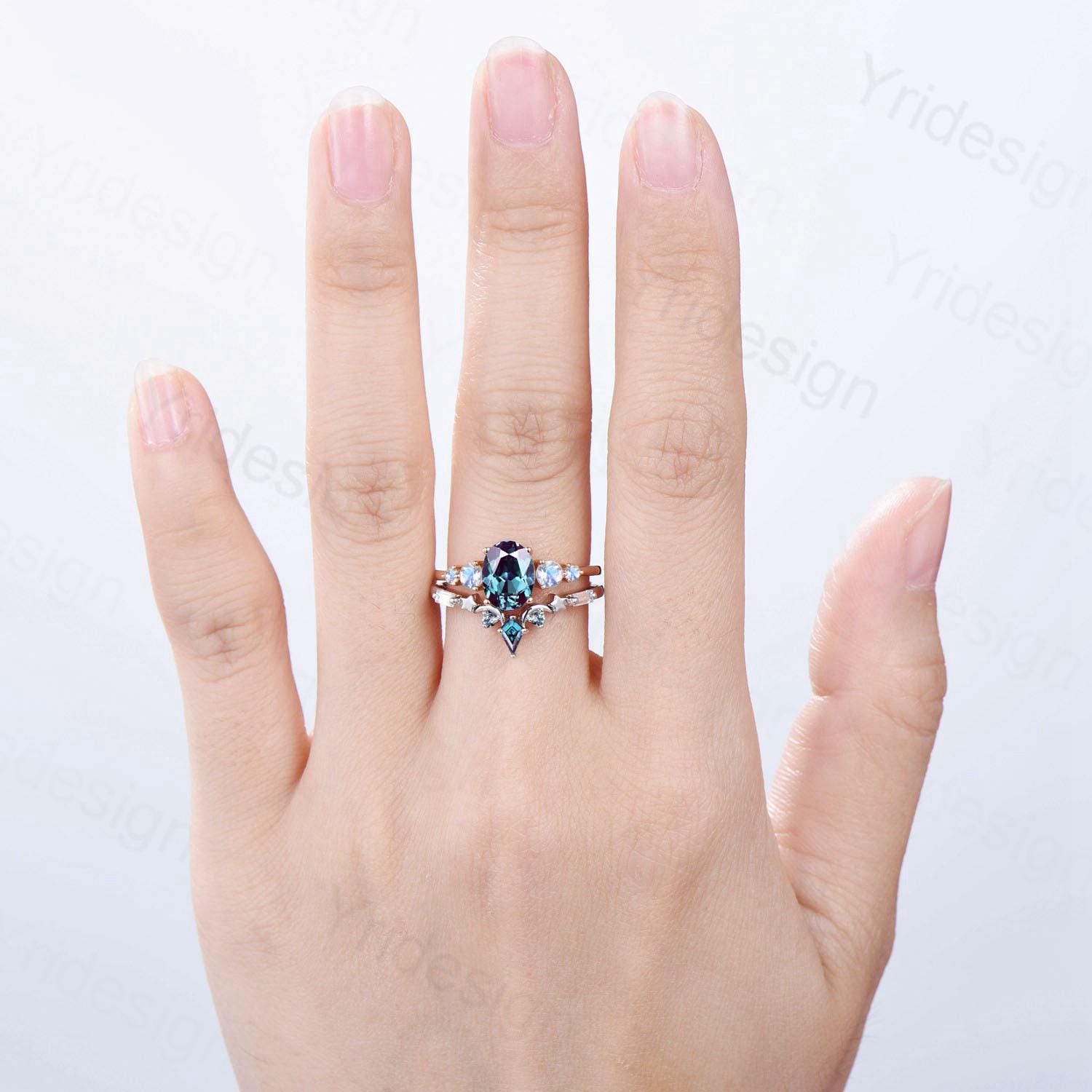 Unique Oval Alexandrite Engagement Ring Set Five Stone Moonstone Wedding Ring Set Moon Star Promise Stacking Band Bridal Set June Birthstone - PENFINE