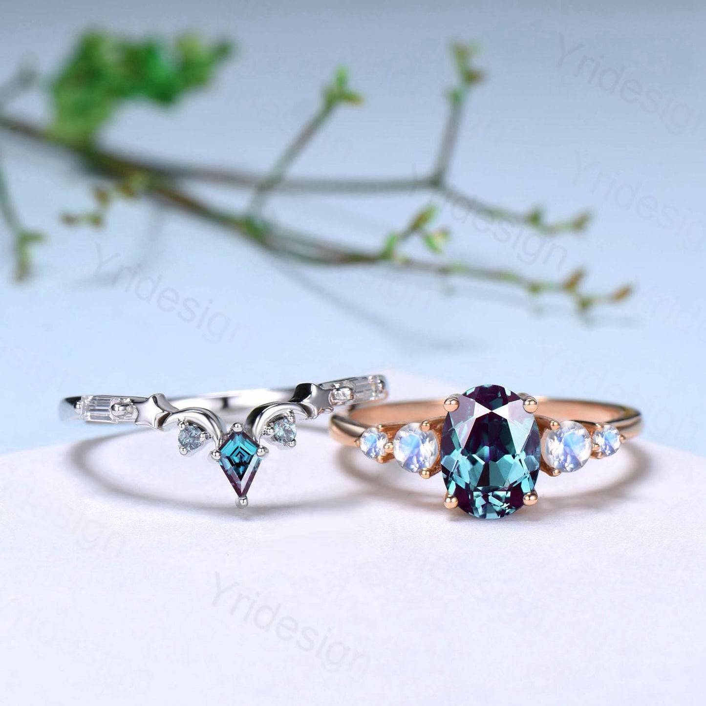 Unique Oval Alexandrite Engagement Ring Set Five Stone Moonstone Wedding Ring Set Moon Star Promise Stacking Band Bridal Set June Birthstone - PENFINE