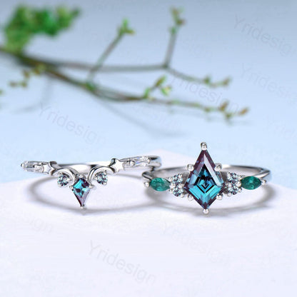 Unique kite cut  Alexandrite engagement ring set silver white gold art deco marquise emerald wedding ring set for women 2pcs star bridal set - PENFINE