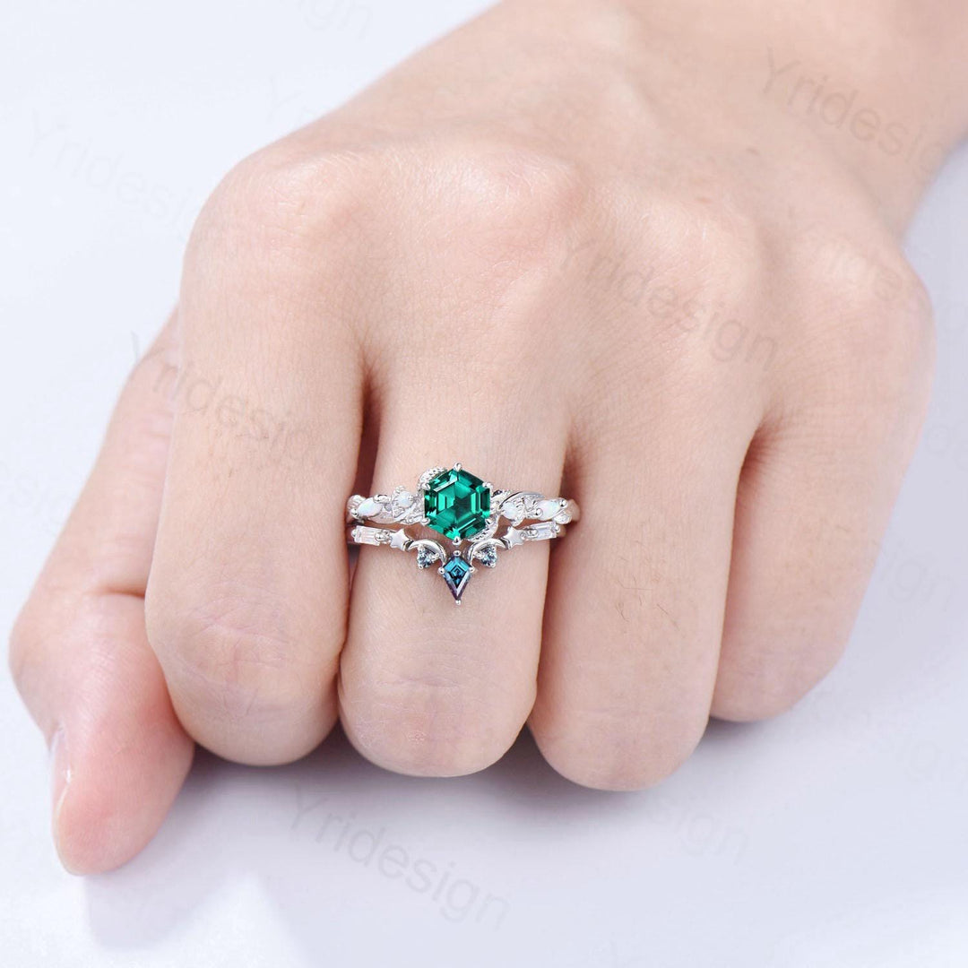 Unique emerald wedding ring set, Nature Inspired opal lab emerald engagement ring set, moon star alexandrite stacking band bridal set women - PENFINE