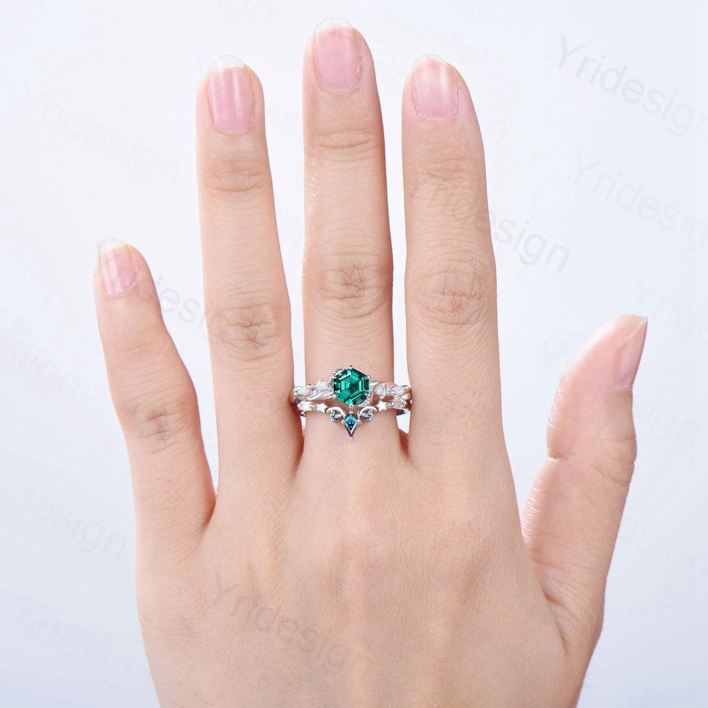 Unique emerald wedding ring set, Nature Inspired opal lab emerald engagement ring set, moon star alexandrite stacking band bridal set women - PENFINE