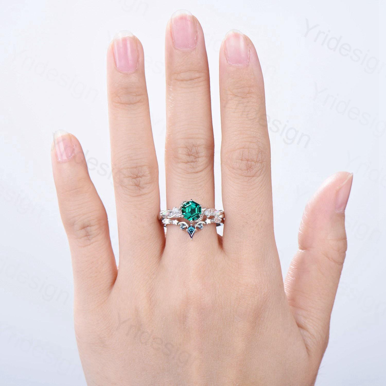 Unique emerald wedding ring set, Nature Inspired opal lab emerald engagement ring set, moon star alexandrite stacking band bridal set women - PENFINE