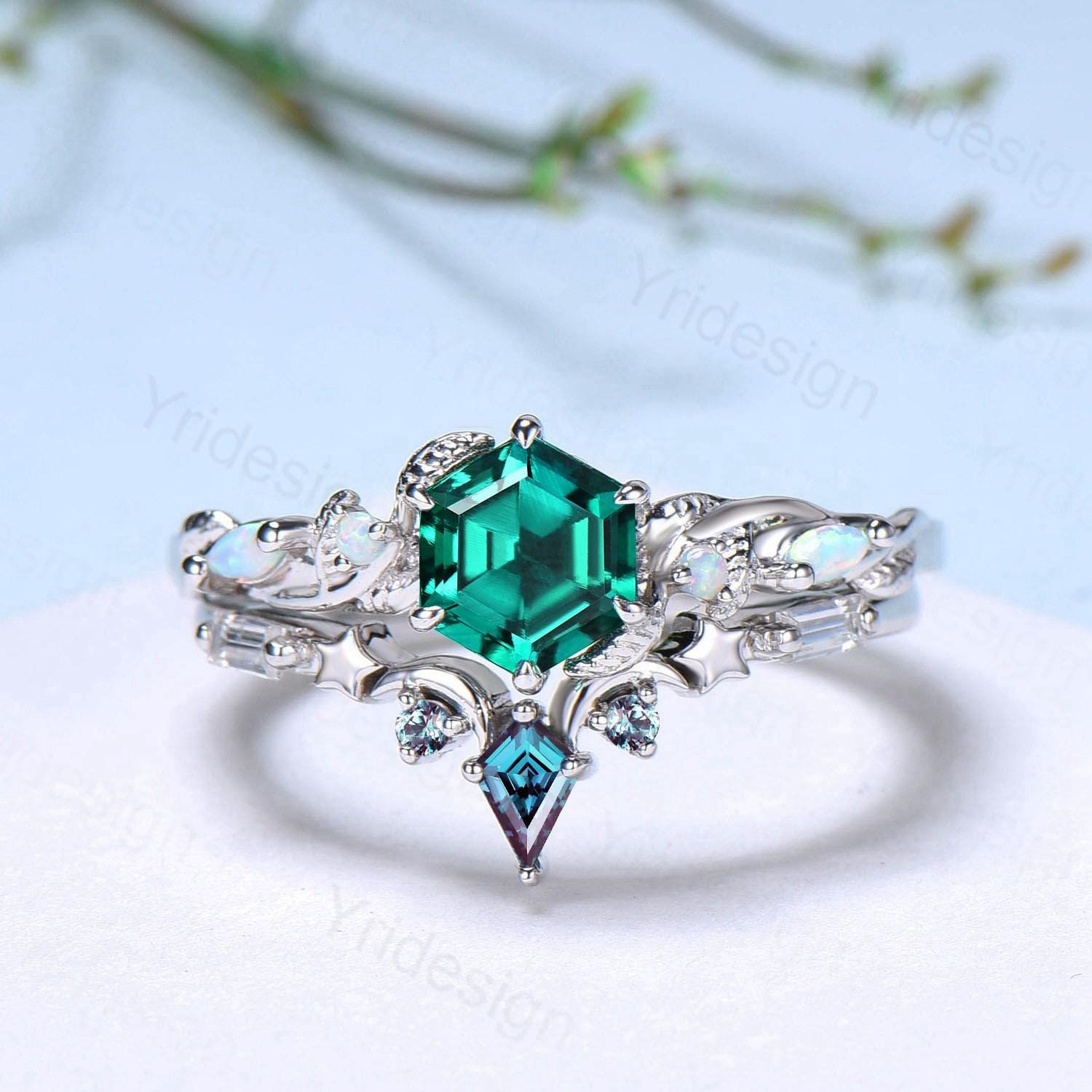 Unique emerald wedding ring set, Nature Inspired opal lab emerald engagement ring set, moon star alexandrite stacking band bridal set women - PENFINE