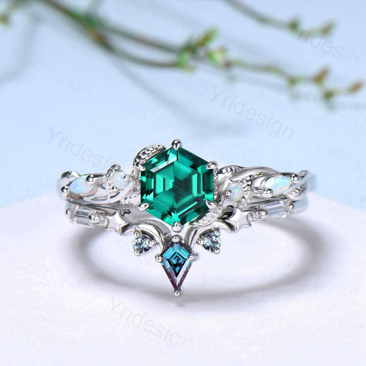 Unique emerald wedding ring set, Nature Inspired opal lab emerald engagement ring set, moon star alexandrite stacking band bridal set women - PENFINE