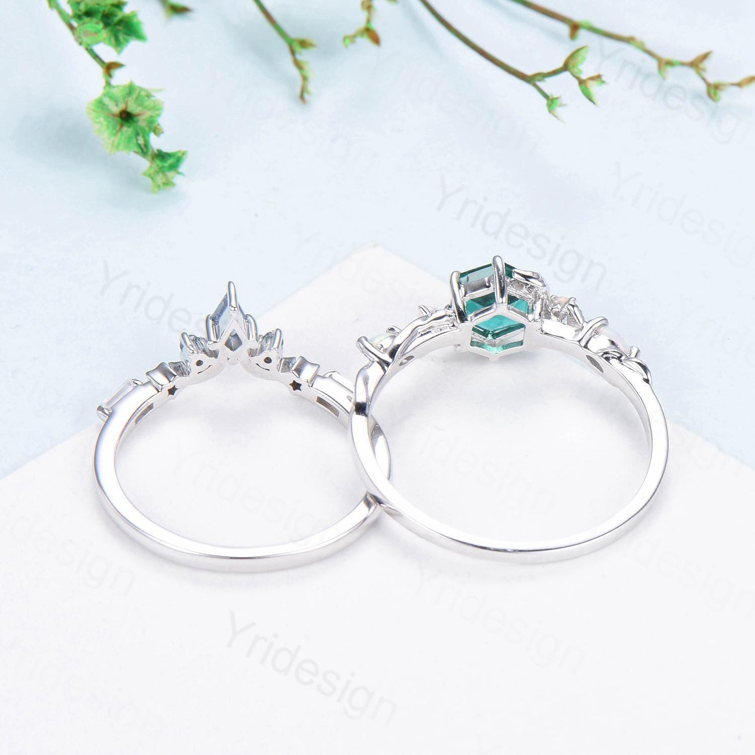 Unique emerald wedding ring set, Nature Inspired opal lab emerald engagement ring set, moon star alexandrite stacking band bridal set women - PENFINE