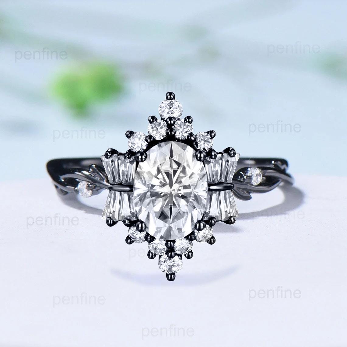 Vintage Black Gold Moissanite Ring Unique Luxury 1.5Carat Oval Moissanite Engagement Ring Art Deco Wedding Ring Unique Twig Anniversary Gift - PENFINE