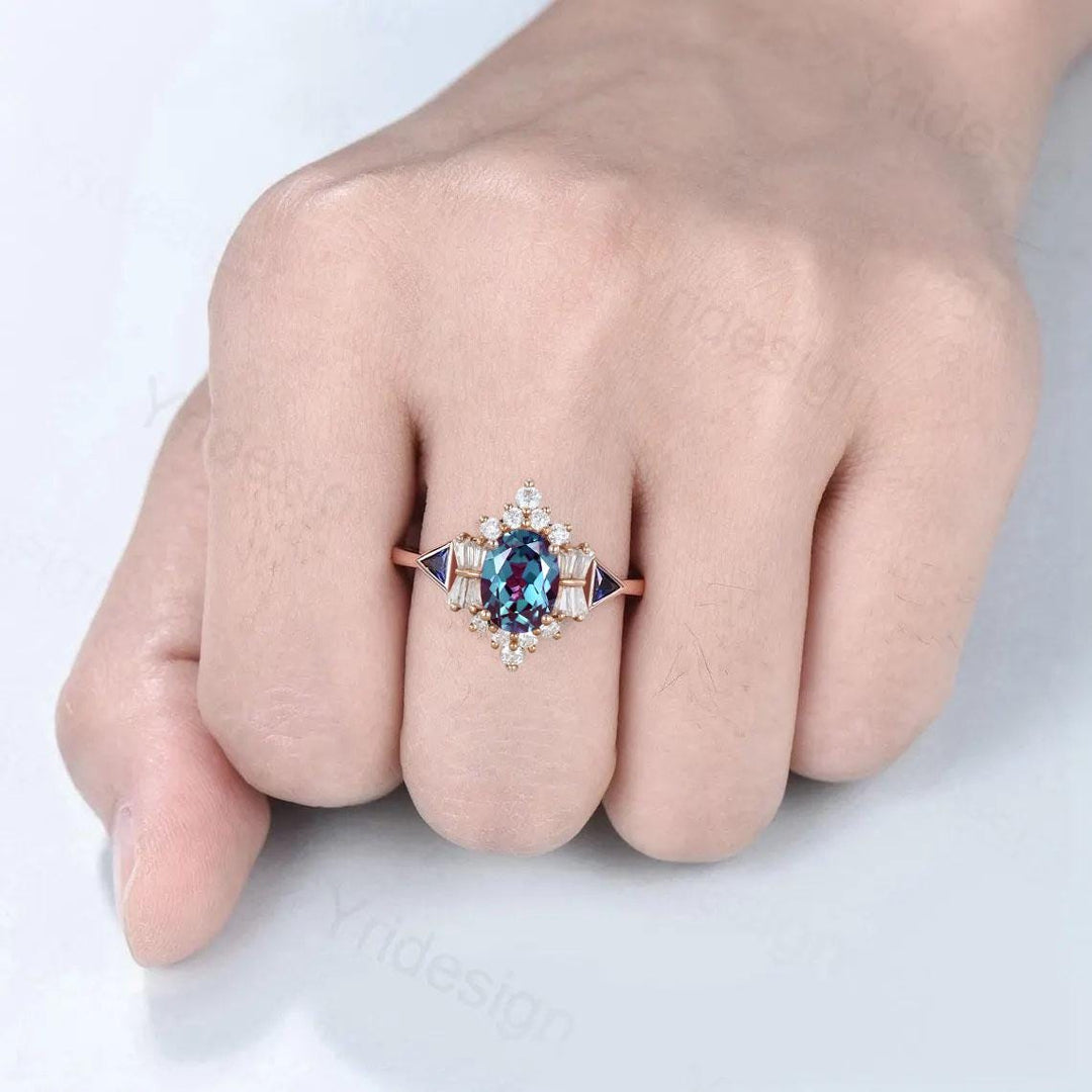 Vintage Oval Alexandrite Engagement Ring Unique Art Deco Luxury Trillion Color Change Ring Halo Moissanite Wedding Ring Anniversary gift - PENFINE