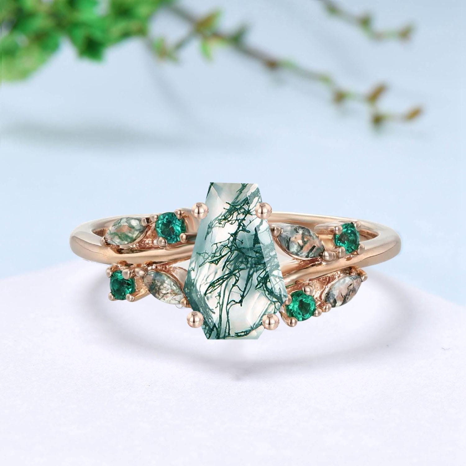 Unique Coffin Cut Moss Agate Ring Split Shank Engagement Ring Cluster Emerald Agate Wedding Ring MARRIED TILL BURIED Green Promise Ring Gift - PENFINE