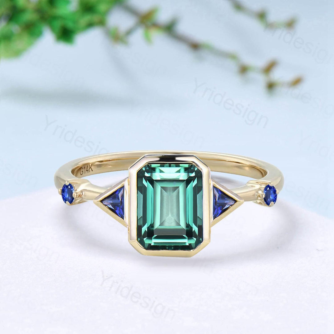 Unique Emerald Cut Green Sapphire Engagement Ring Bezel Set Trillion Blue Sapphire Five Stone Wedding Ring Anniversary Ring Gift for Women - PENFINE